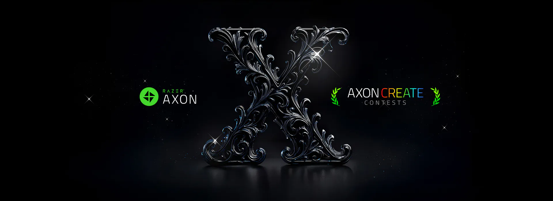 A shiny, ornate black "X" with swirling designs, flanked by logos and texts: "RAZER AXON" on the left and "AXON CREATE CONTESTS" on the right.