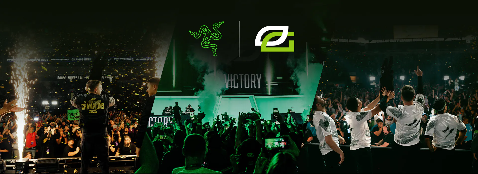 Celebration scene with esports team on stage in front of cheering crowd, "VICTORY" banner, logos of Razer and Optic, confetti and lights.