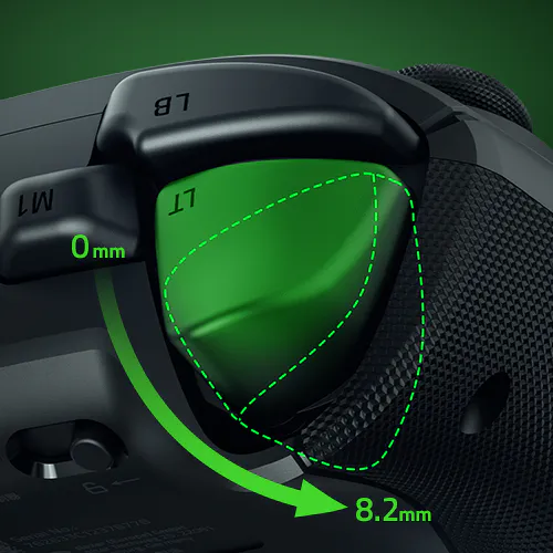 Controller trigger with an arrow illustrating the 0–8.2 mm trigger travel.