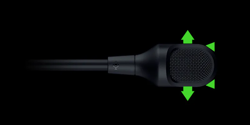 Microphone with a black cord, labeled "Microphone," with green arrows indicating adjustable directions: up, down, left, and right.