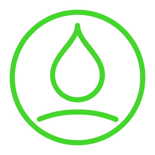 Green water droplet inside two concentric circles with a curved line below, representing water-related symbol or conservation.