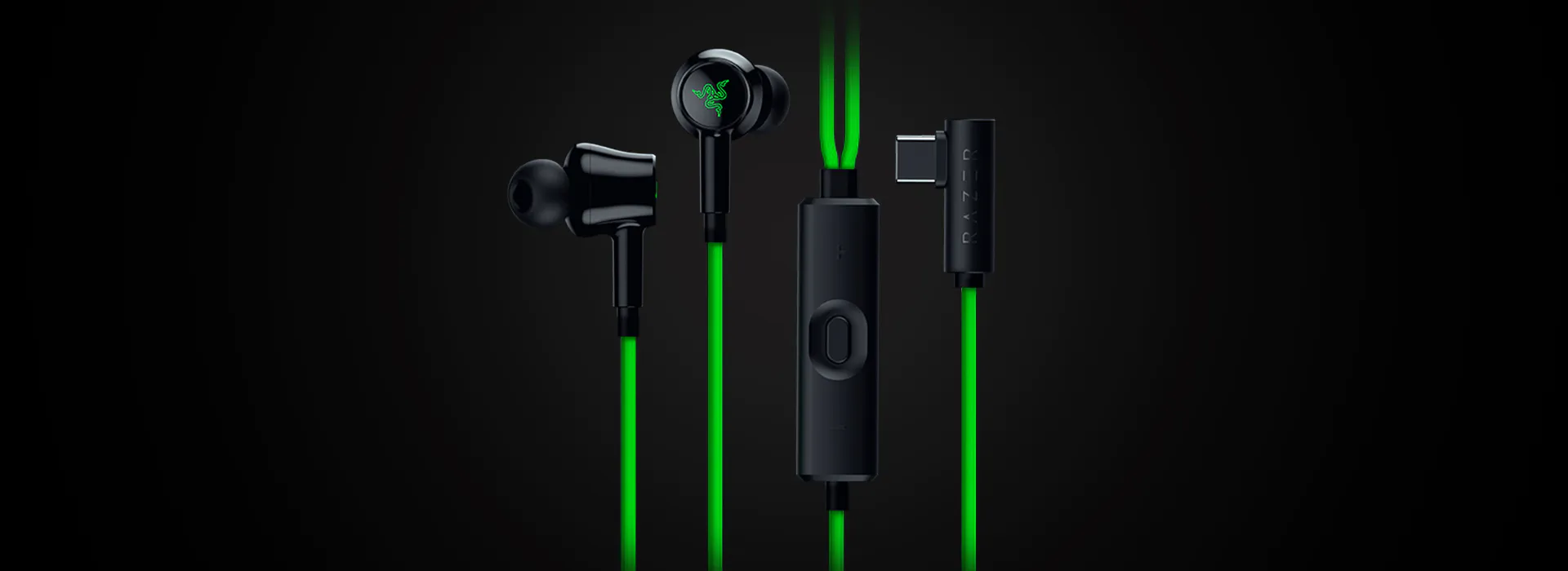 Black gaming earphones and a USB adapter with neon green LED-lit cables, featuring the RAZER logo on the earphones.