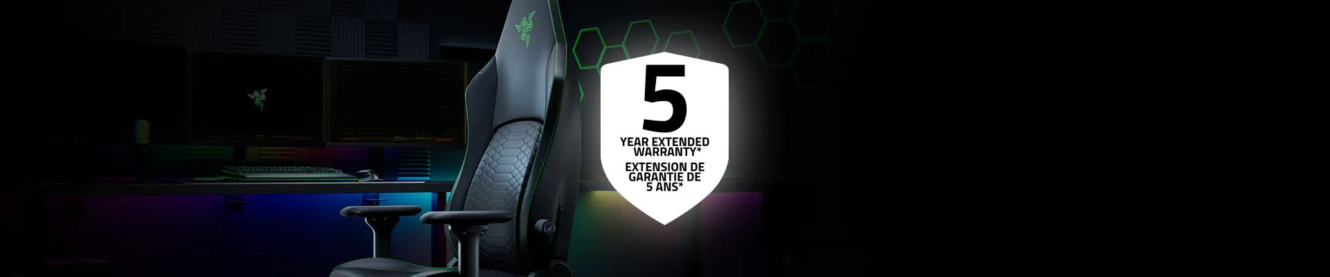Gaming chair with Razer logo, highlighted with a note: "5 Year Extended Warranty