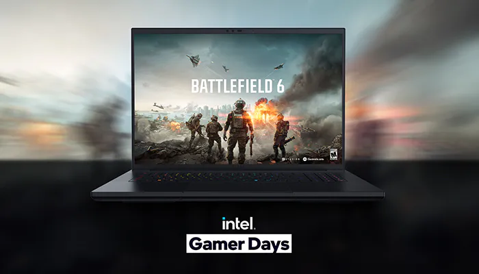 Laptop displaying "Battlefield 6" game with soldiers, explosions; "Intel Gamer Days" text below.
