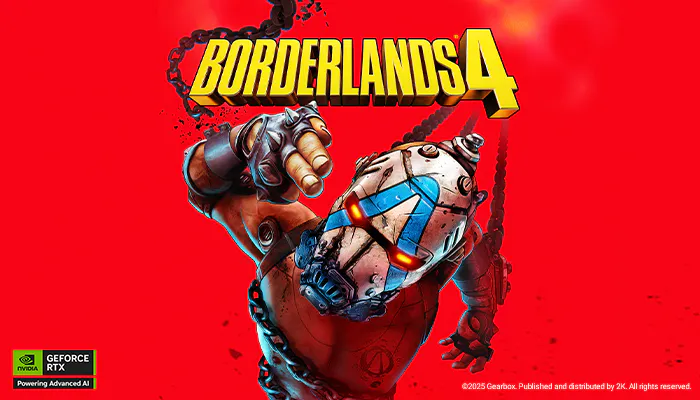 Cover art for Borderlands 4 featuring a robotic dog with glowing eyes and chains on a red background, with the game title in bold yellow letters.