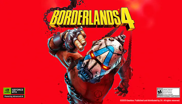 Cover art for Borderlands 4 featuring a muscular, robotic character with glowing eyes pointing forward, against a red background.