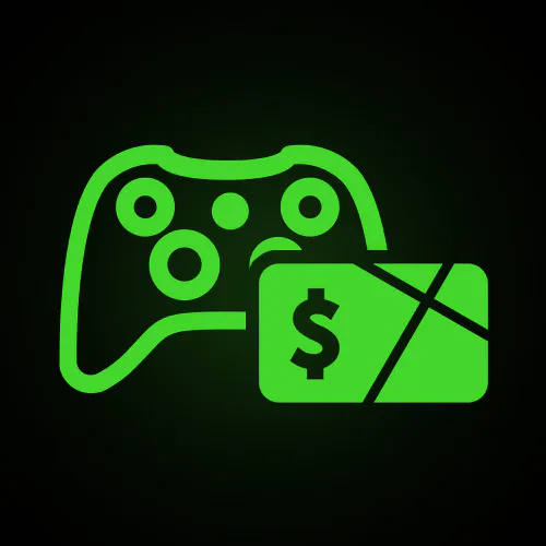 Green neon icon of a game controller and a cash stack with a dollar sign, suggesting in-game purchases or gaming expenses.