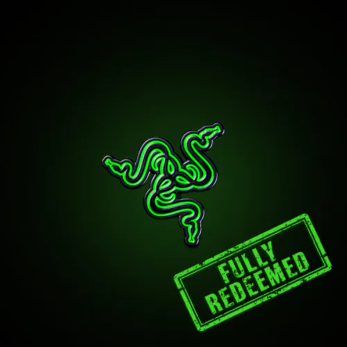 Neon green Razer logo above a green "FULLY REDEEMED" stamp on a dark background.