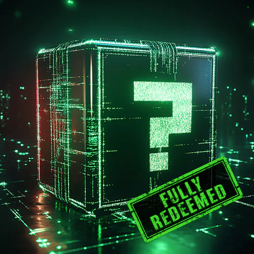 A digital, glowing green cube with a large question mark, surrounded by circuit-like lines, and a 'FULLY REDEEMED' stamp in green.