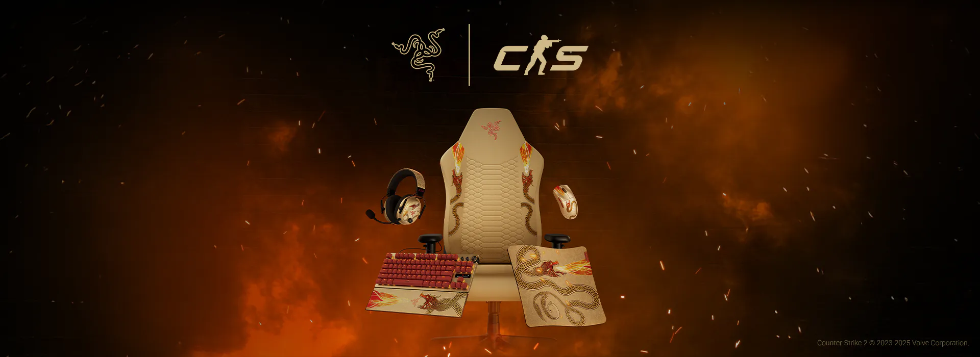 Razer | Counter-Strike 2 Collection with themed peripherals and logos. Counter-Strike 2 © 2023–2025 Valve Corporation.