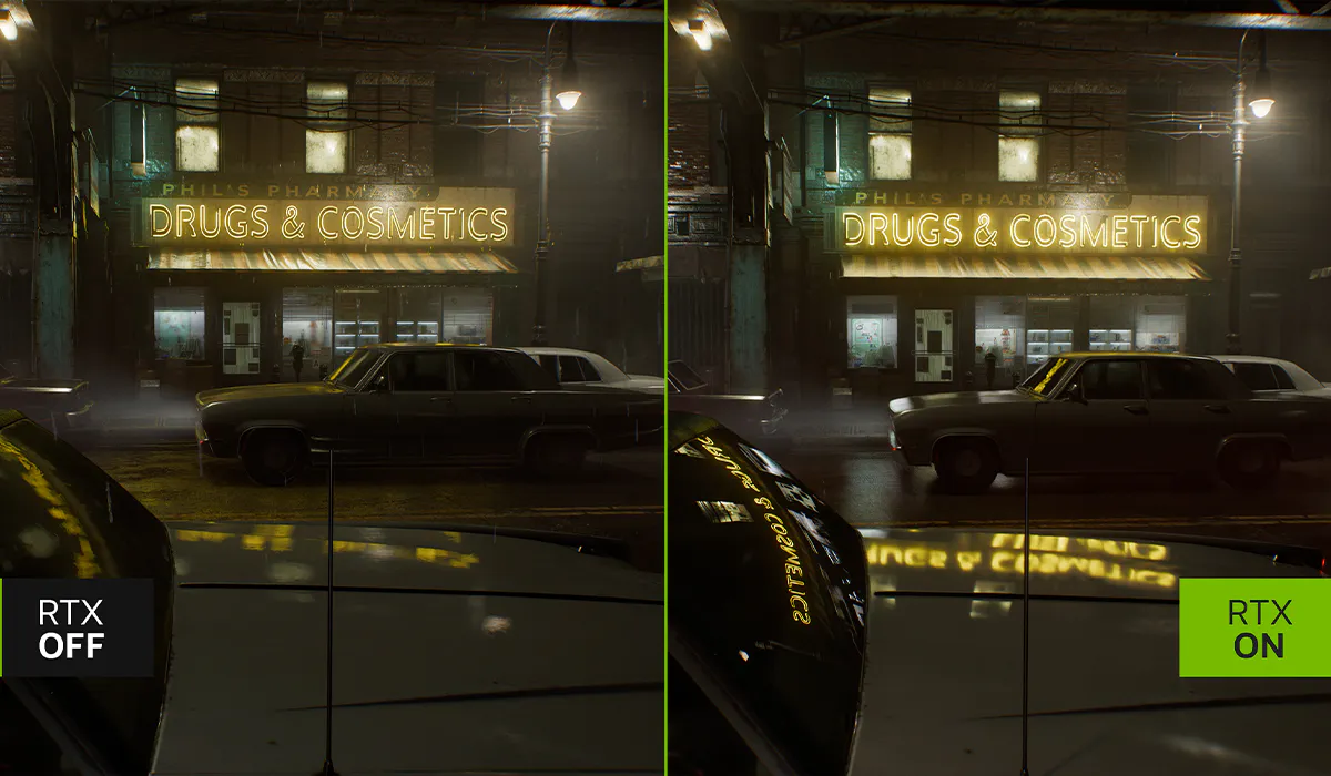 Side-by-side comparison showing RTX off on the left and RTX on on the right