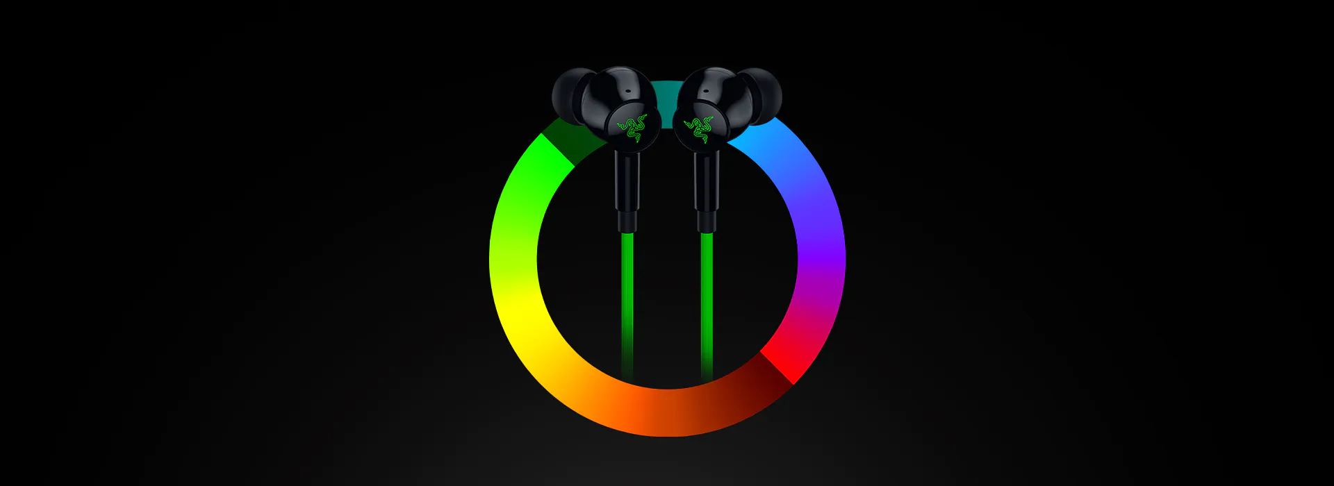 Wireless earbuds with black exterior, green accents, and a glowing cable, shown against a black background with a colorful circular gradient.