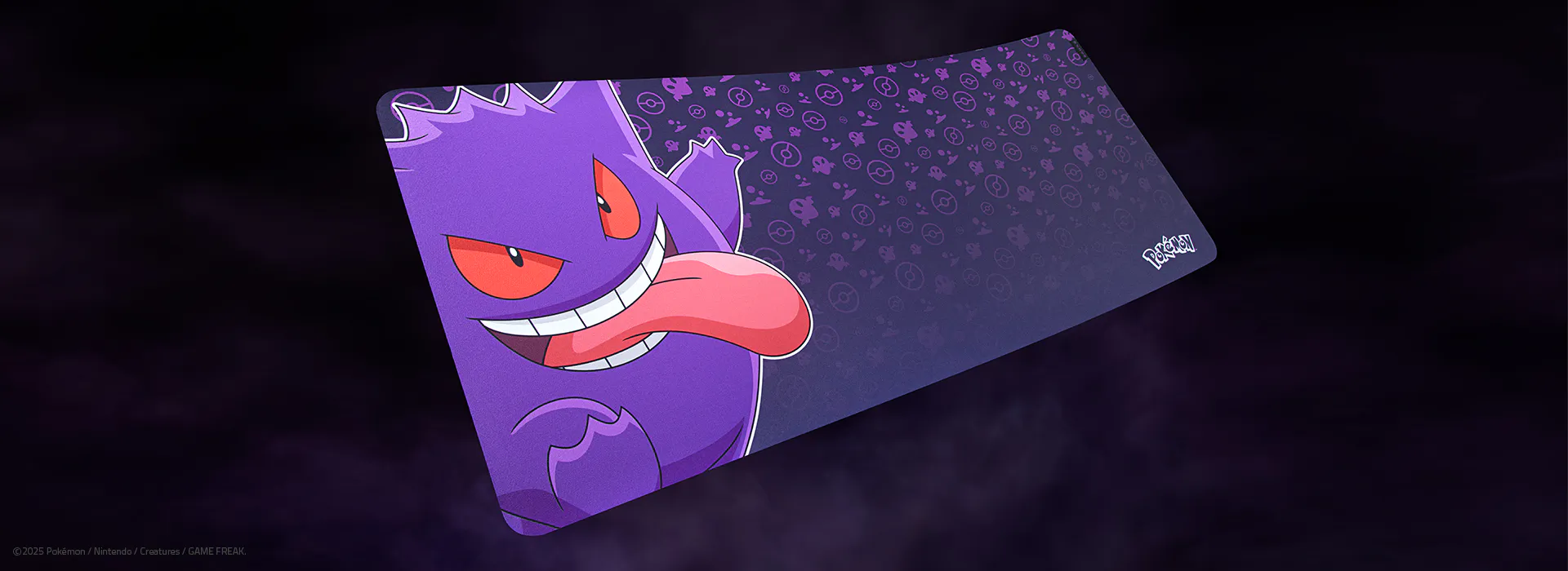 A Pokémon-themed calendar with Gengar illustration, purple background, and a pattern of Pokémon icons; "Pokémon" text in the corner. ©2025 Pokémon / Nintendo / Creatures / GAME FREAK.