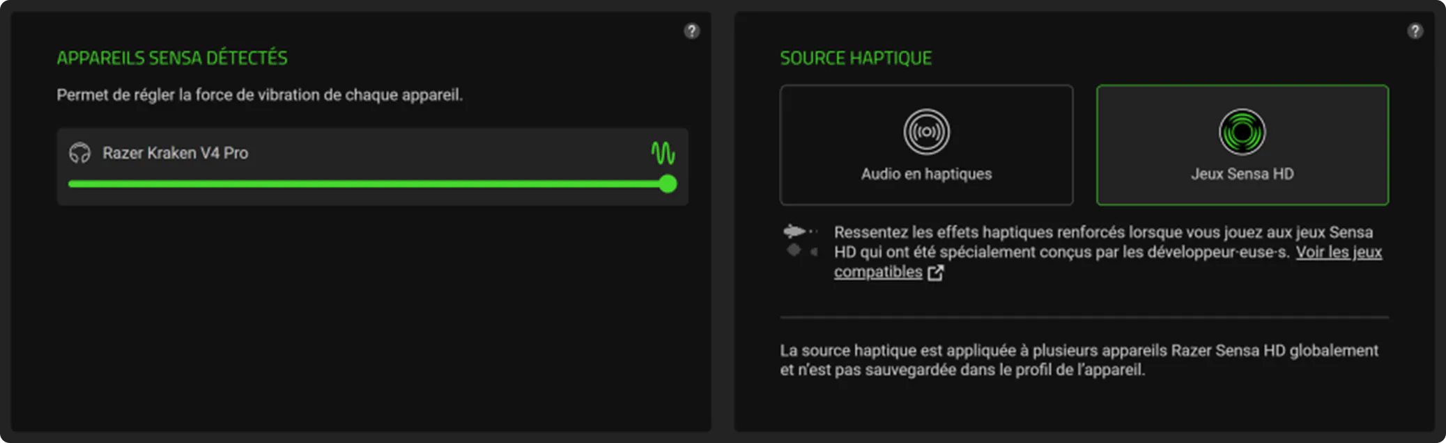 Settings screen with audio device options; left shows vibration strength slider for Razer Kraken V4 Pro; right shows haptic source selection.