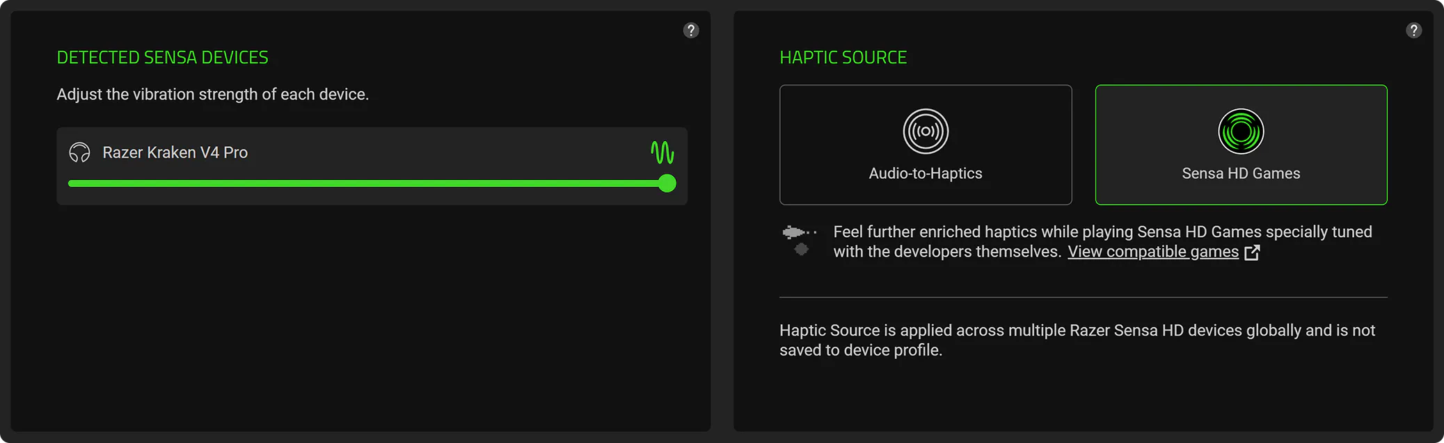 Screen showing Razer Sensesa HD gaming setup; detects Kraken V4 Pro device, with haptic options: Audio-to-Haptics and Sensha HD Games.