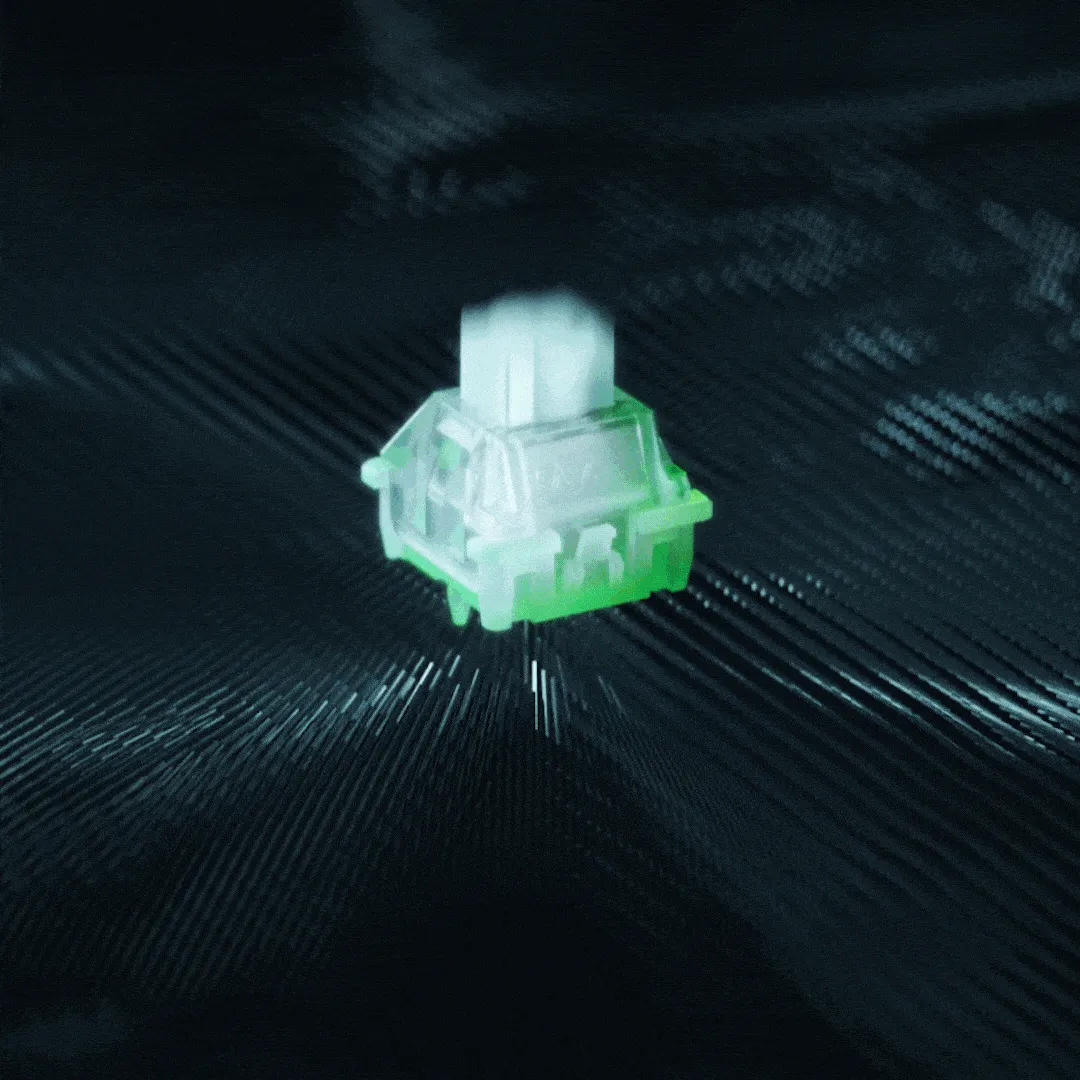 A glow-in-the-dark mechanical keyboard switch with visible internal components, illuminated with greenish tint on a black textured surface.