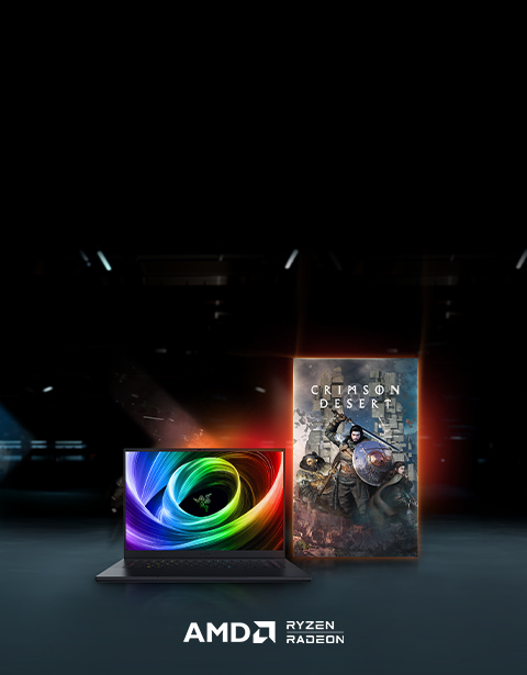 Razer Blade and Crimson Desert game image with AMD Ryzen Radeon logo