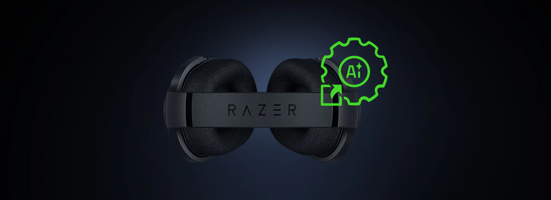 Image of Razer gaming headset with a green AI gear icon and arrow, indicating AI-driven customization or technology.