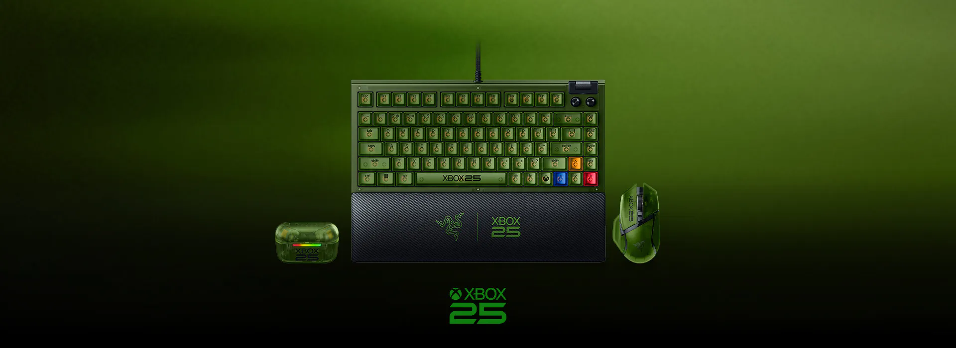 Custom green-themed gaming keyboard, mouse, and wireless earbuds, each marked with an Xbox logo.