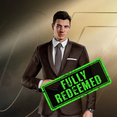 A confident man in a dark suit and tie stands against a metallic background, with a green "FULLY REDEEMED" stamp overlay.
