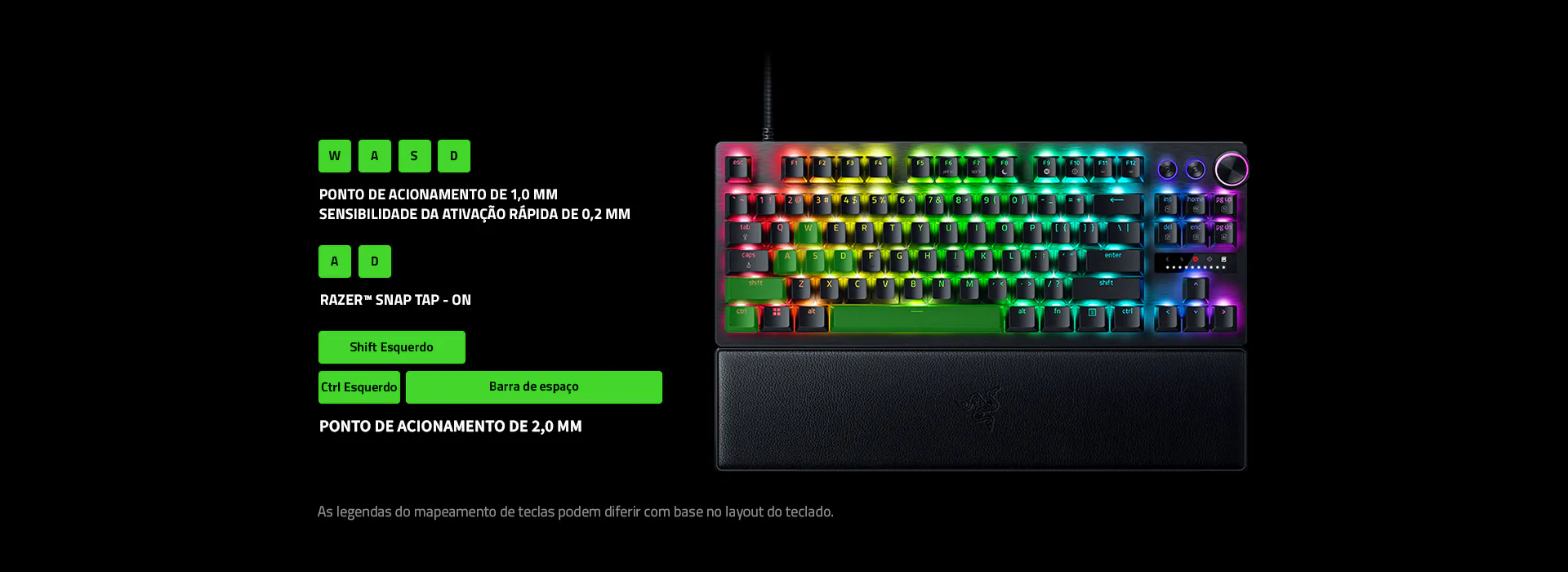 WASD keys: 1 mm Actuation Point, 0.2 mm Rapid Trigger Sensitivity. A & D keys: Razer Snap Tap On. Left Shift, Left Control and Spacebar: 2 mm Actuation Point. Disclaimer: Legends on keymapping may differ based on keyboard layout.