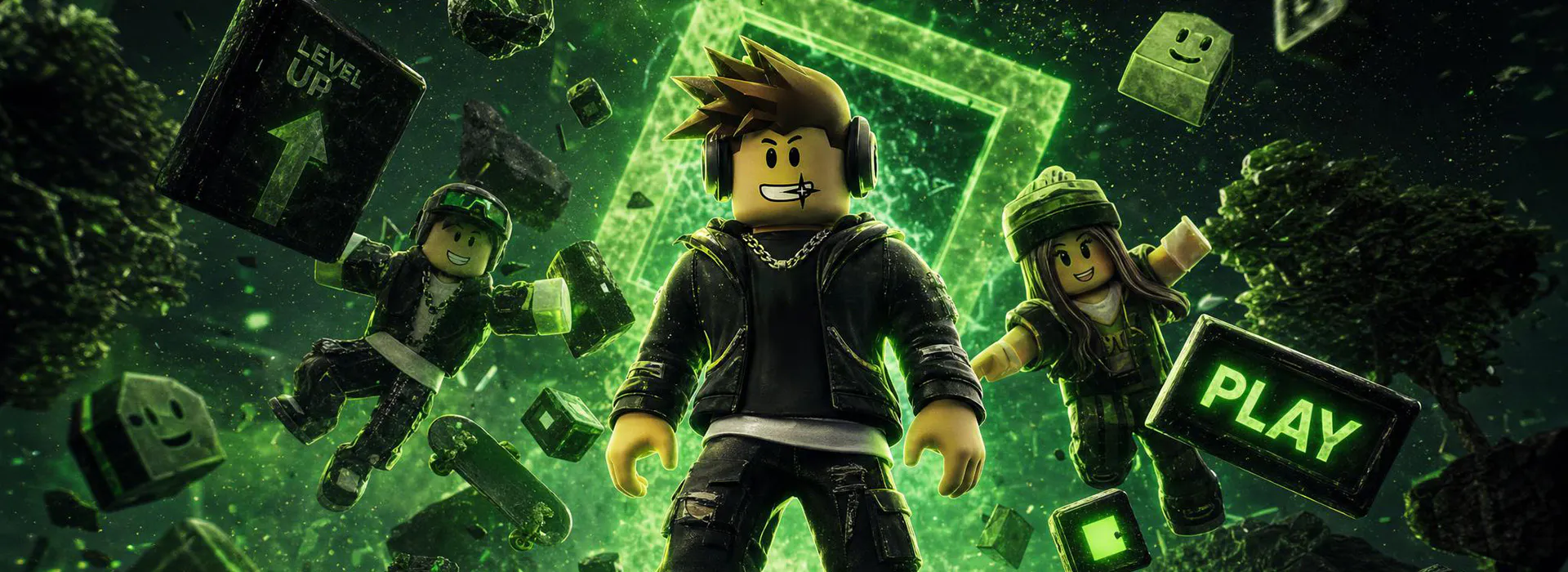 Roblox characters in a green, gaming-themed scene with floating blocks labeled "LEVEL UP" and "PLAY," surrounded by digital effects.