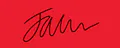 A red background with a black, cursive signature or handwritten text that appears to spell "Tame."