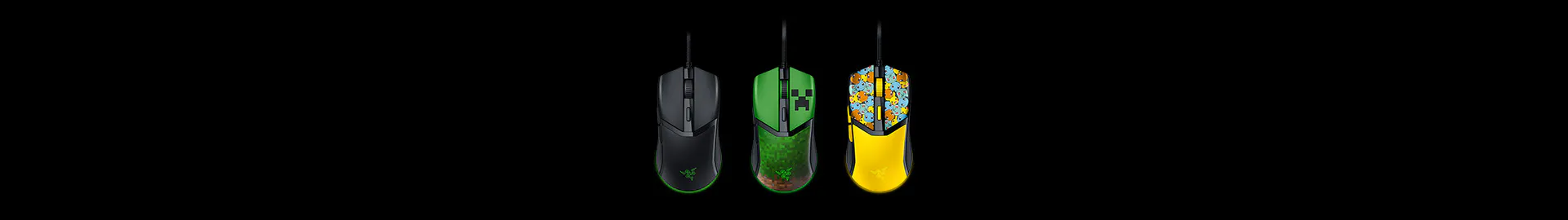 Three gaming mice with black cables, in black, green, and yellow designs, on a black background. No text visible on mice.