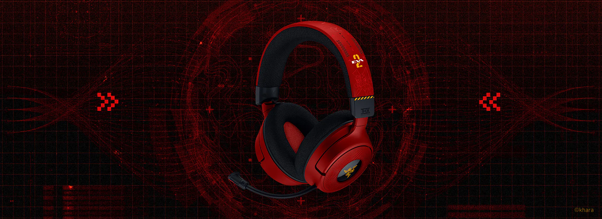 Red gaming headset with black padding, a mic, and yellow text: "TDEA" and "SA". Background with a red digital grid and sci-fi interface.; ©khara