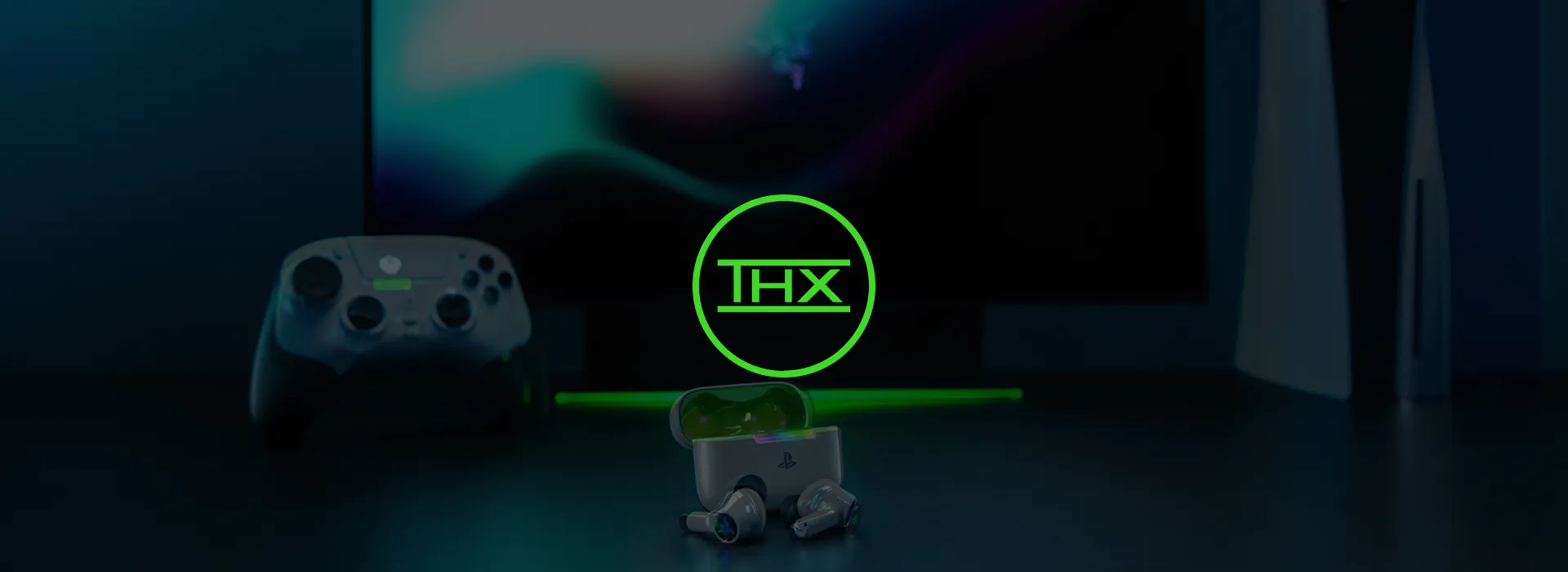Green circular logo with "THX" text, above PlayStation wireless earbuds and a PlayStation controller, with a blurred background.