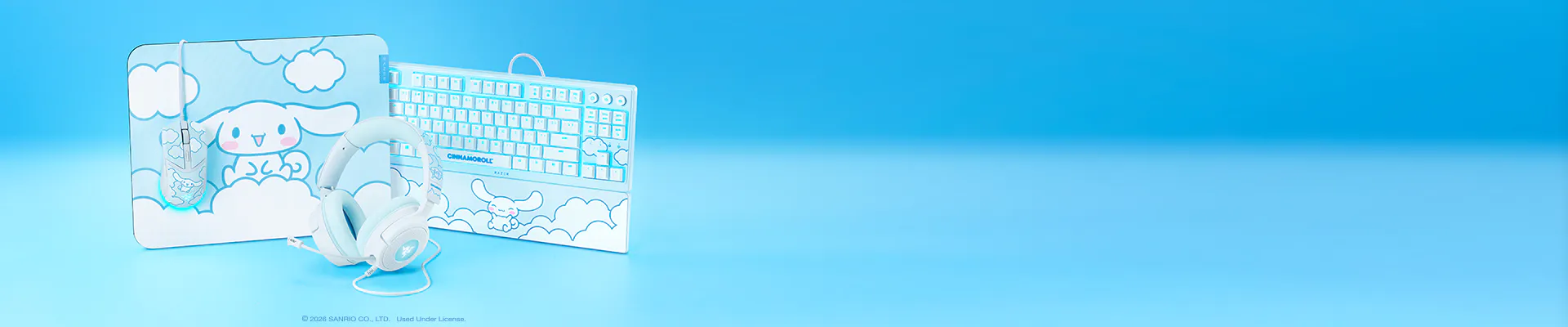 Blue-themed Sanrio merchandise includes a cloud-themed box, keyboard, and headphones with cute animal illustrations and clouds.