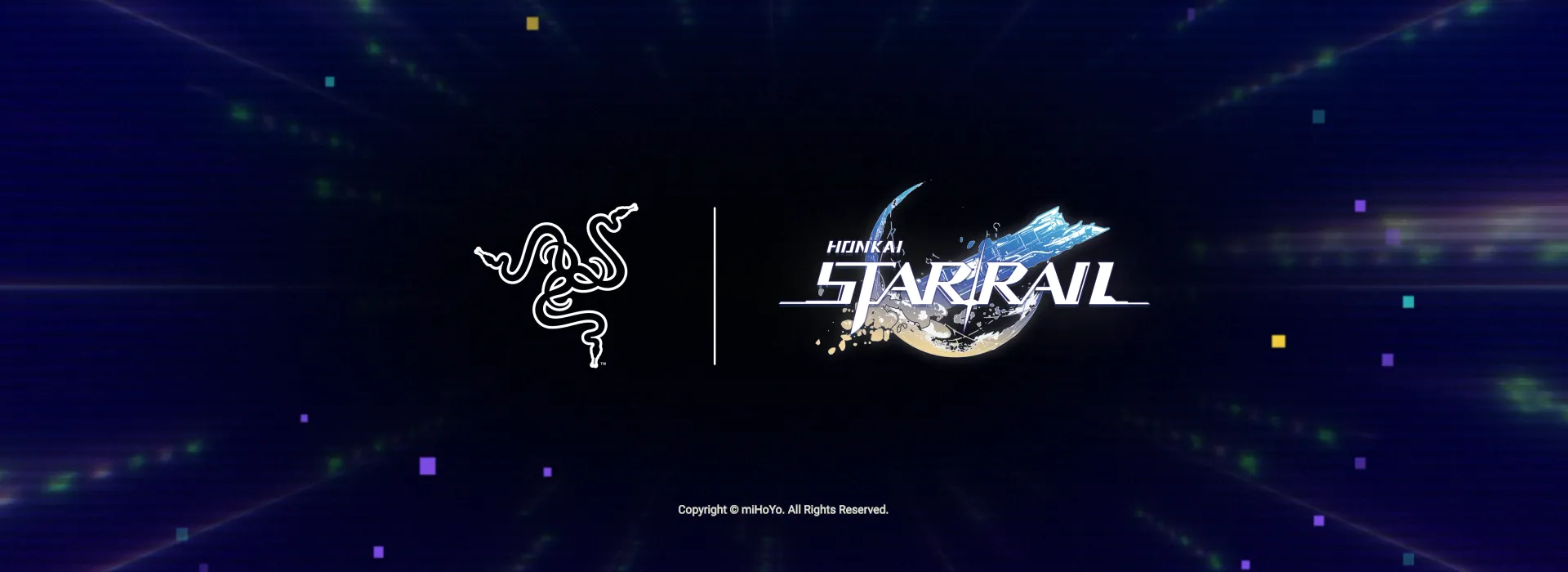Image showing Razer logo and Honkai Star Rail logo on a digital, cosmic background with colorful pixel particles.