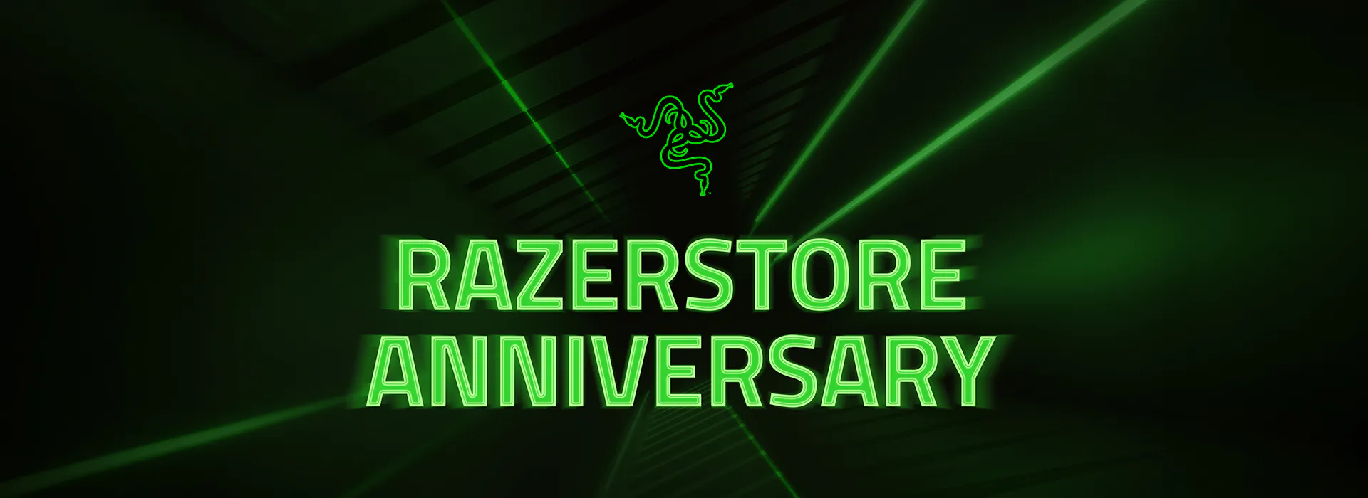 Neon green Razer Store Anniversary logo with laser lines, background in dark green and black.