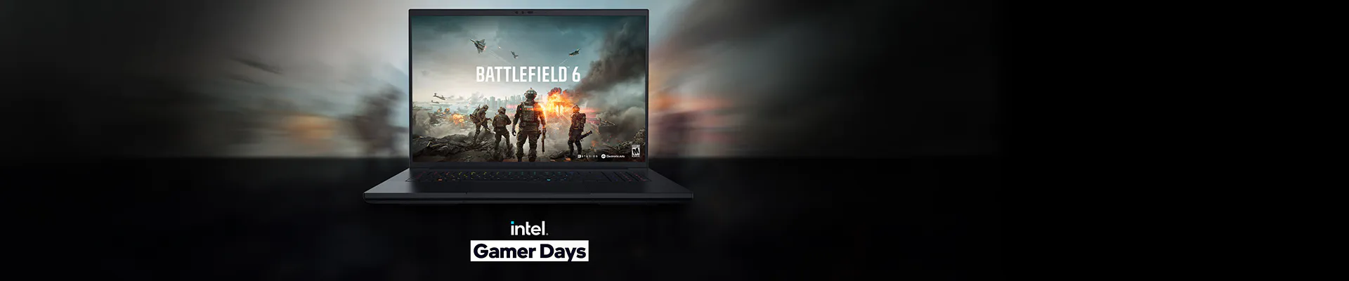 Laptop displaying Battlefield 6 game cover, with "Gamer Days" and Intel branding on a dark background.