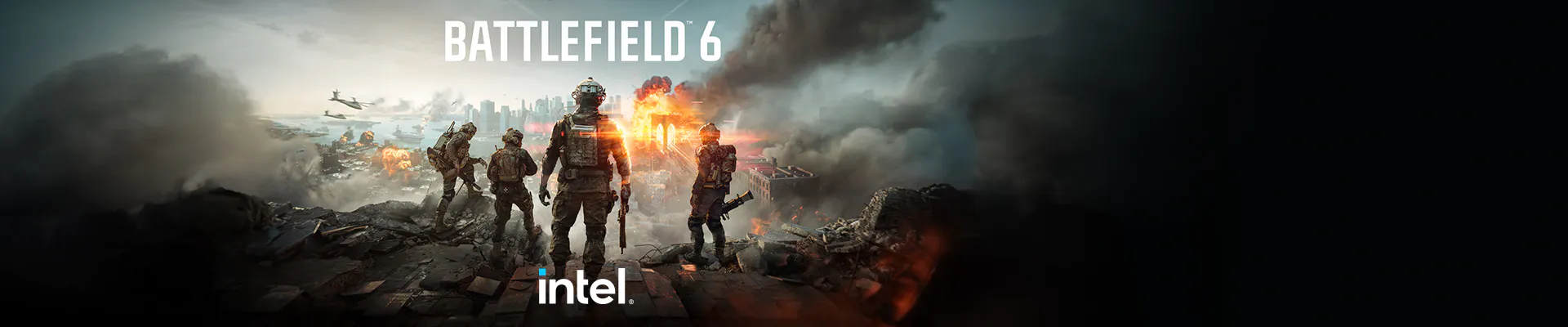 Soldiers walk through a battlefield with explosions, smoke, and helicopters, under the "Battlefield 6" and "Intel" logos.