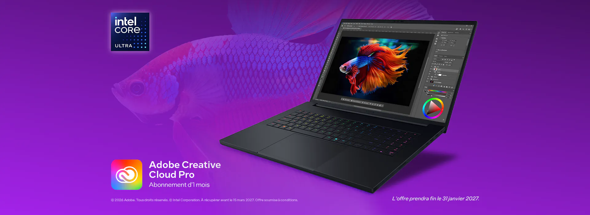 A promotional image of a black laptop with a colorful fish on screen, purple background, Adobe Creative Cloud Pro logo, and text about offer expiry.