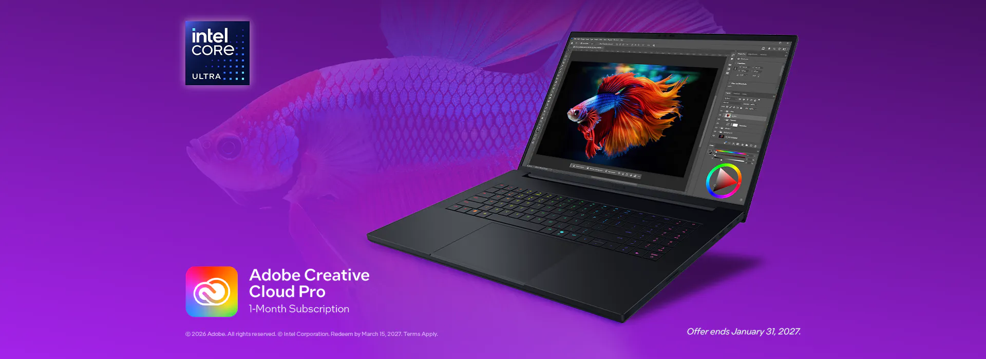 Laptop displaying Adobe Photoshop, with Intel Core Ultra badge, "Adobe Creative Cloud Pro 1-Month Subscription" offer, ending January 31, 2027.; © 2026 Adobe. All rights reserved. © Intel Corporation. Redeem by March 15, 2027. Terms Apply.