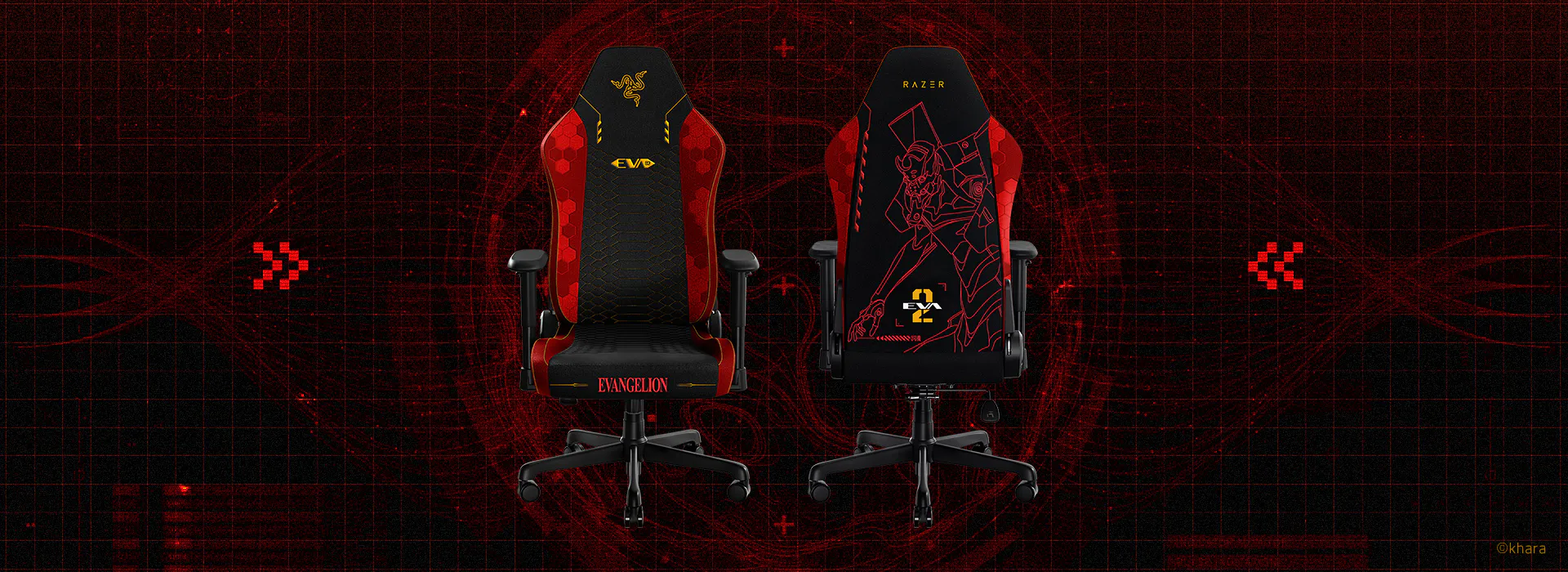 Gaming chairs with Evangelion-themed designs, featuring the Evangelion logo and character outline, set against a digital red grid background.; ©khara