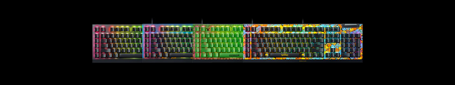 Colorful, cartoon-themed wired gaming keyboard with backlit keys, featuring various designs like Pokémon and Minecraft patterns.