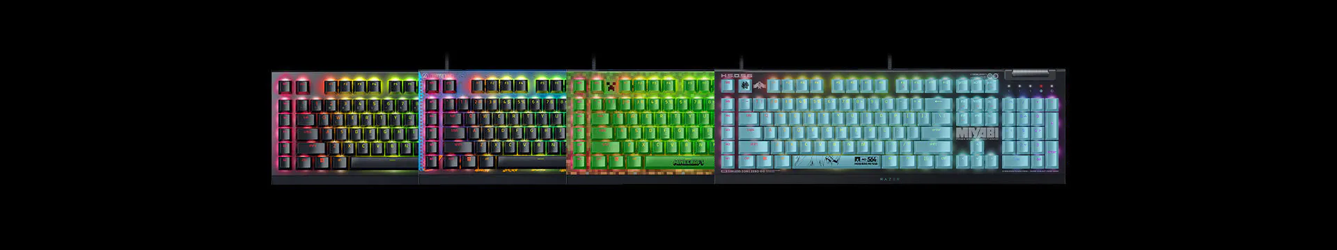 Colorful gaming keyboards with RGB backlighting, four models arranged horizontally, with various keycap designs and branding.