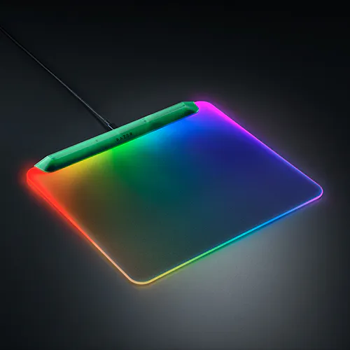 RGB-lit square device with a 绿色 stylus labeled "A11" on top, glowing multicolor edges against a dark background.