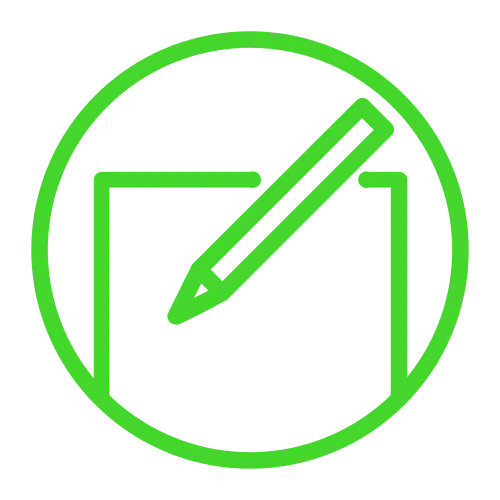 Green circle with a pencil icon crossing a square, possibly representing editing or creating within a framed or designated area.