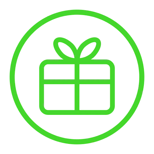 Green outline of a gift box with a ribbon and bow inside a circle, symbolizing a present or gift.