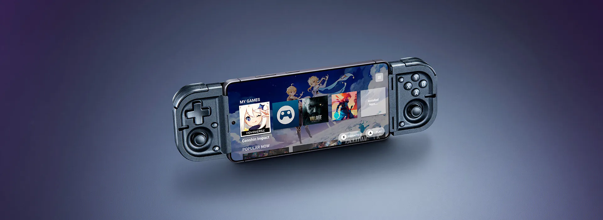 A handheld gaming console with a large android phone displaying game icons, flanked by controllers on each side, set against a dark background.